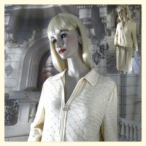 St. John Evening Suit Sz 8 Ivory Jacket Skirt GLOW TOGETHER Rhine Ctr Zip Signed
